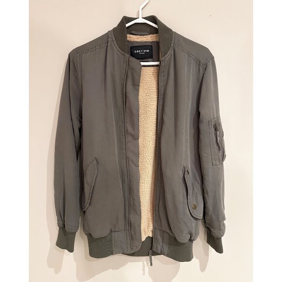 Obey Bomber Jacket Womens Size XS Green with Teddy Bear Lining - Picture 5 of 9